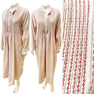 L.L.Bean Flannel Cotton Prairie Nightgown Dress Pin tuck Red Cream Large